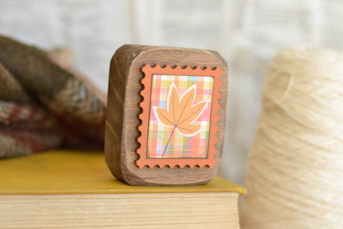 ORANGE Rustic Wood Block Postage Stamp Sign - Plaid Leaf