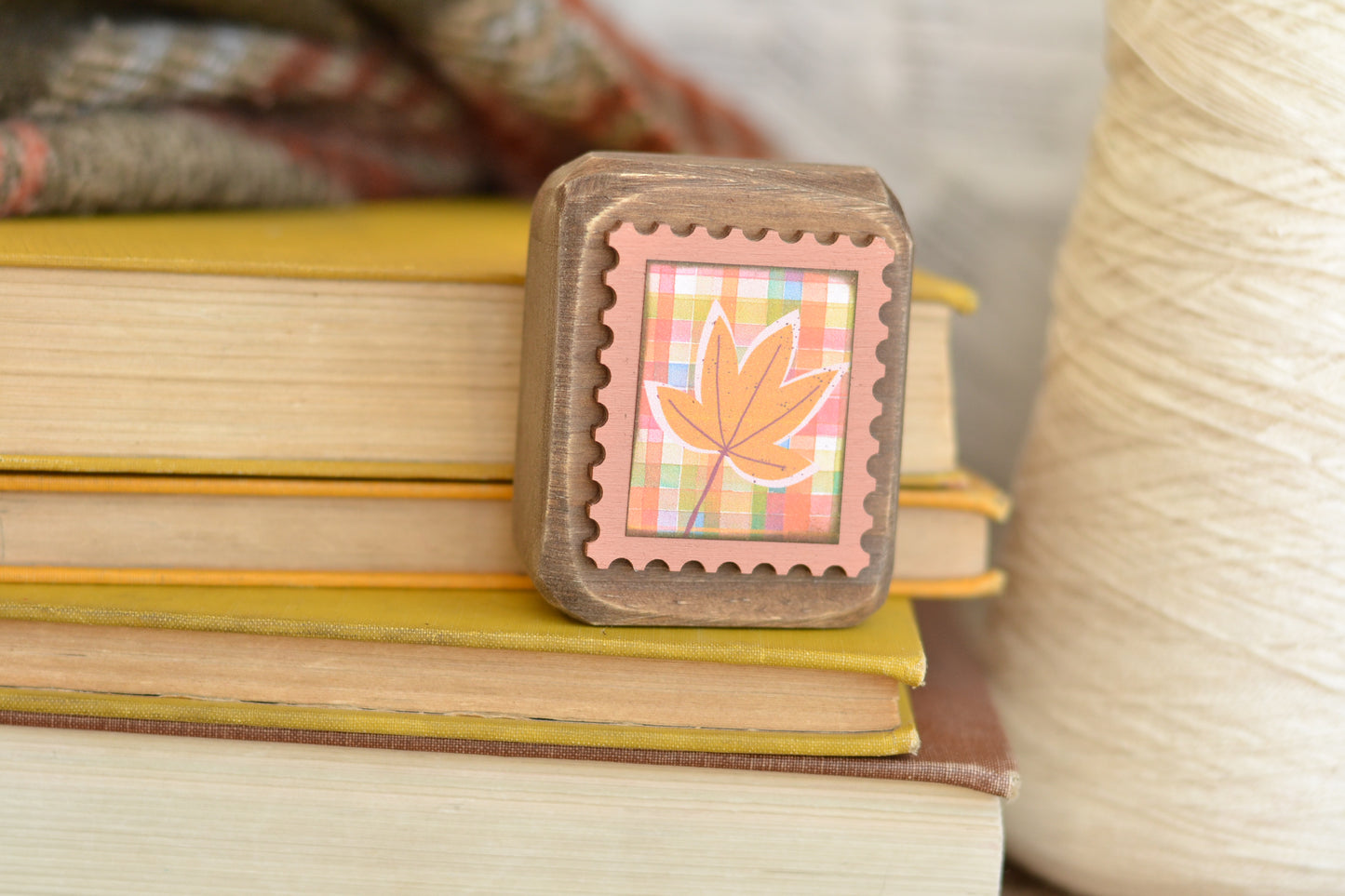 PINK Rustic Wood Block Postage Stamp Sign - Plaid Leaf