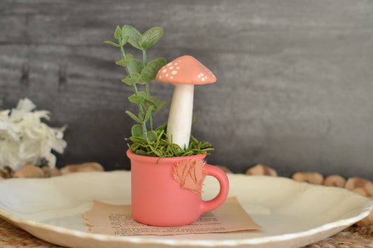 Coral Mug with Painted Mushroom - Only two available