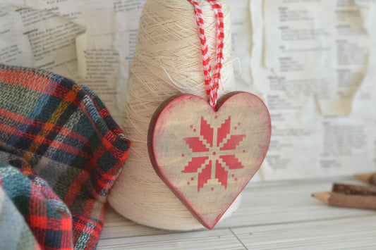 RED Wood Quilted Heart Ornament