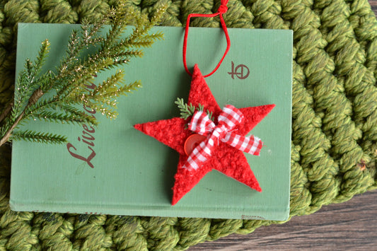 RED BOUCLE Wood Star Ornament