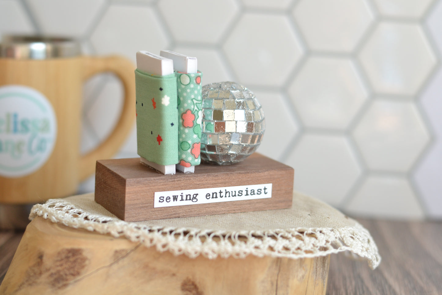 Mint Green Mini Fabric Bolts with a Disco Ball M23