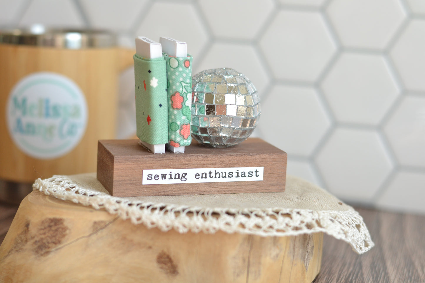 Mint Green Mini Fabric Bolts with a Disco Ball M23