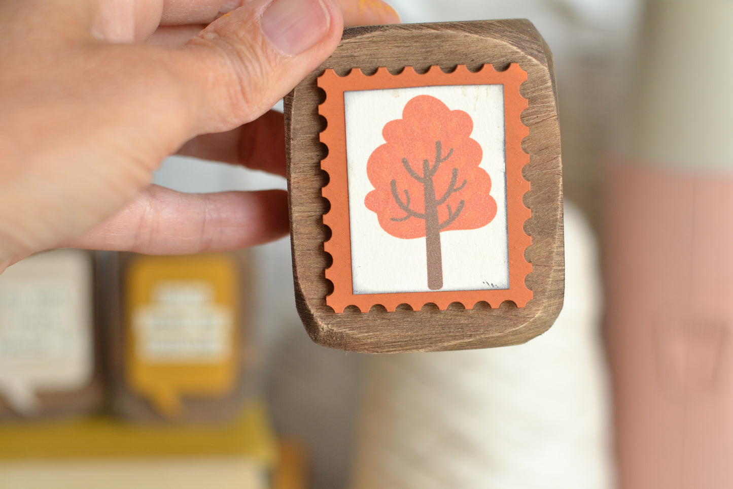 Rustic Wood Block Postage Stamp Sign - Orange Tree