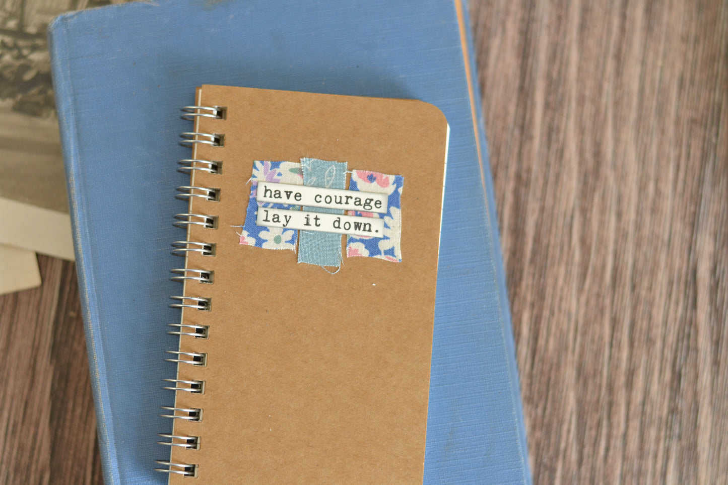 Kraft Brown Notebook with fabric scraps and words