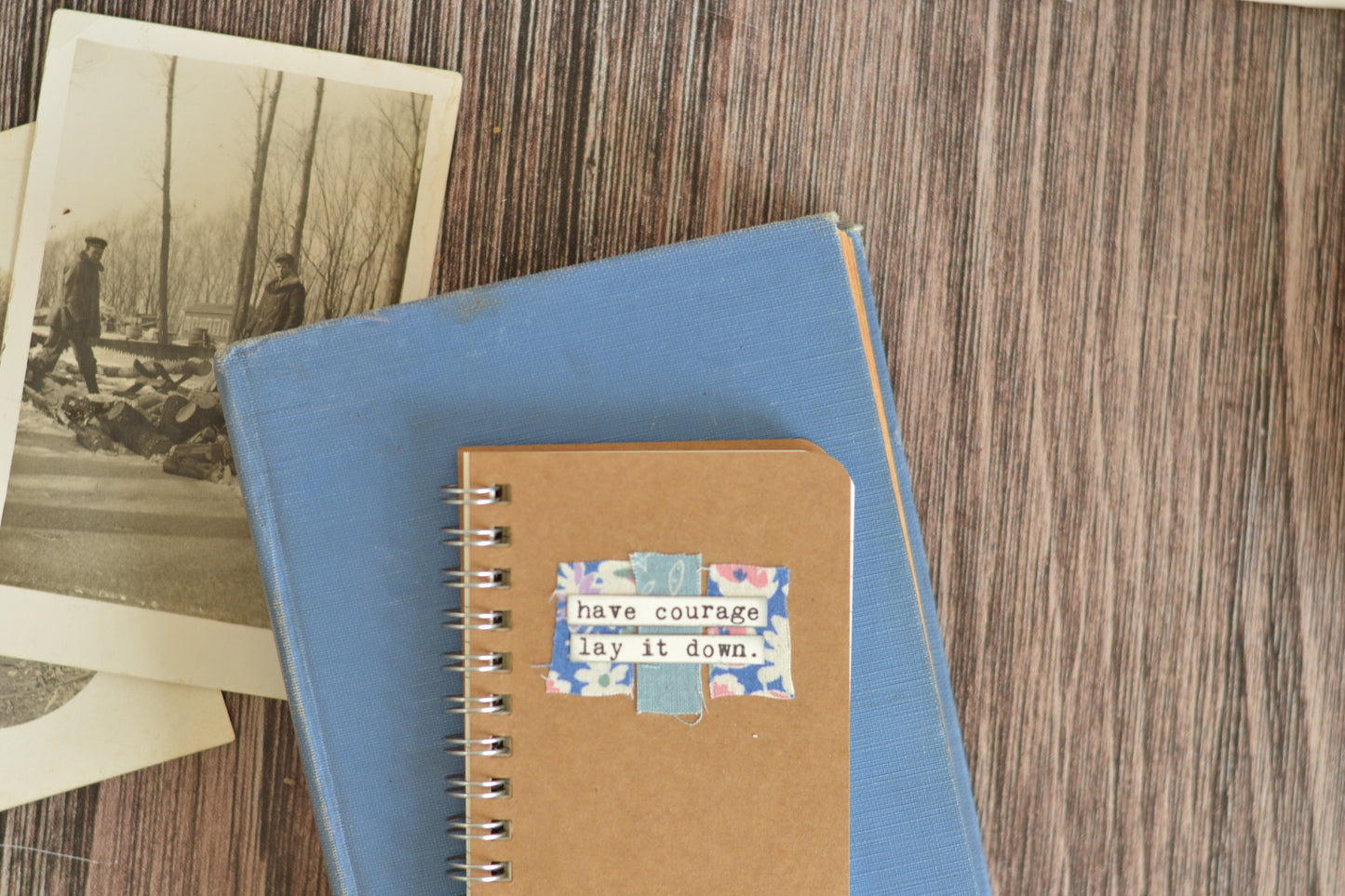 Kraft Brown Notebook with fabric scraps and words