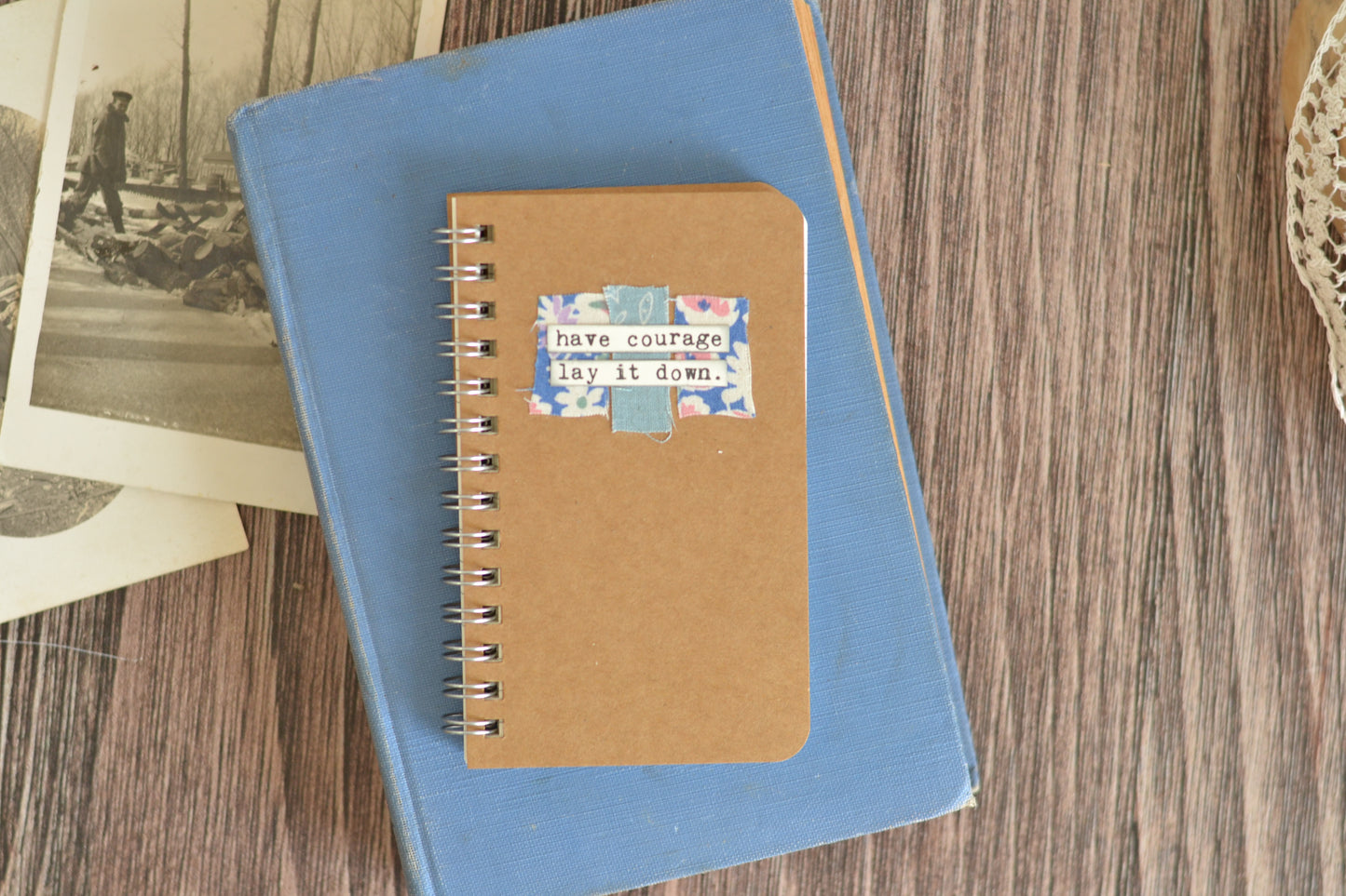 Kraft Brown Notebook with fabric scraps and words