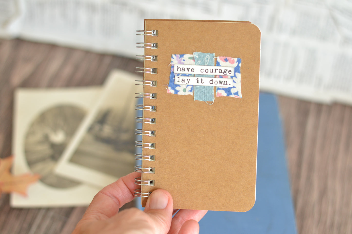 Kraft Brown Notebook with fabric scraps and words