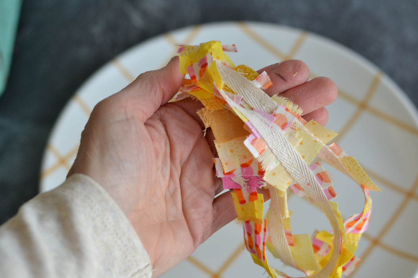 YELLOW, ORANGE PINK Scrap Fabric Ribbon - 1 Yard