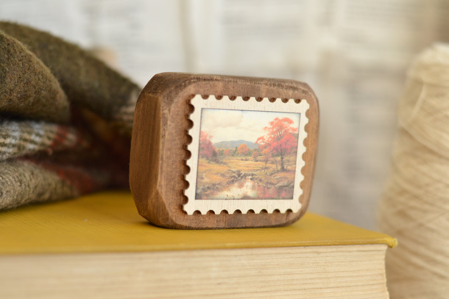 Rustic Wood Block Postage Stamp Sign- Autumn Scene