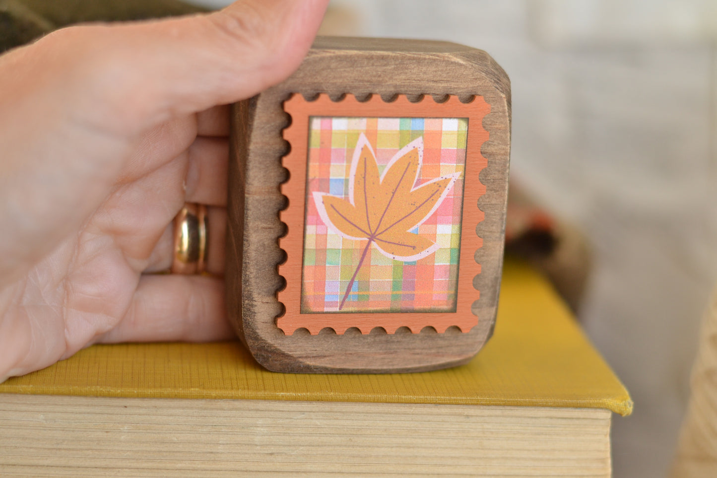ORANGE Rustic Wood Block Postage Stamp Sign - Plaid Leaf