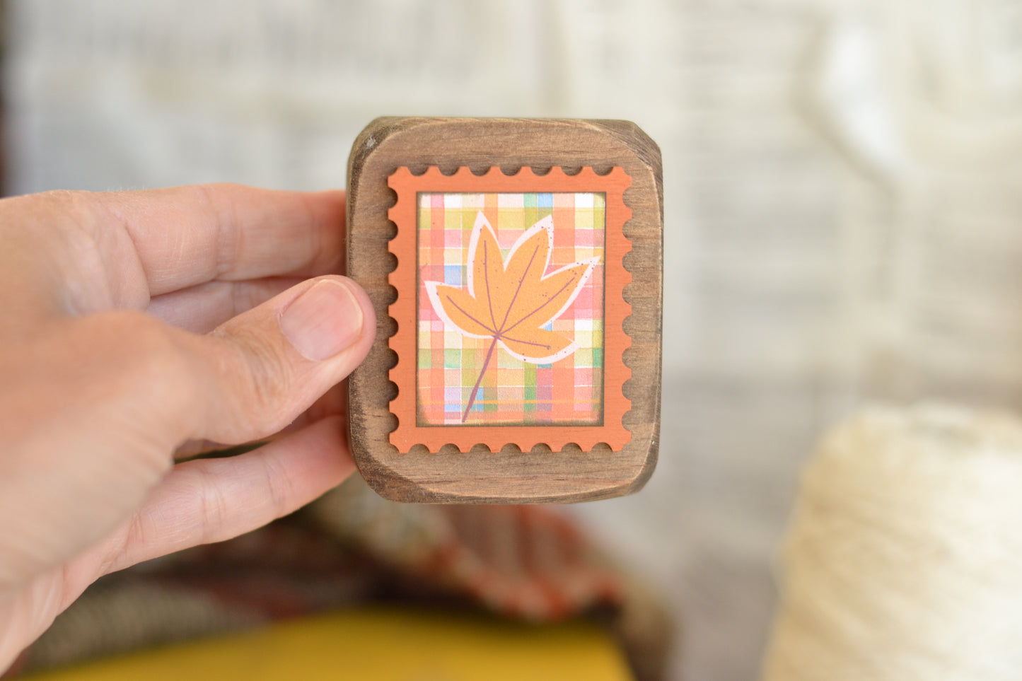 ORANGE Rustic Wood Block Postage Stamp Sign - Plaid Leaf