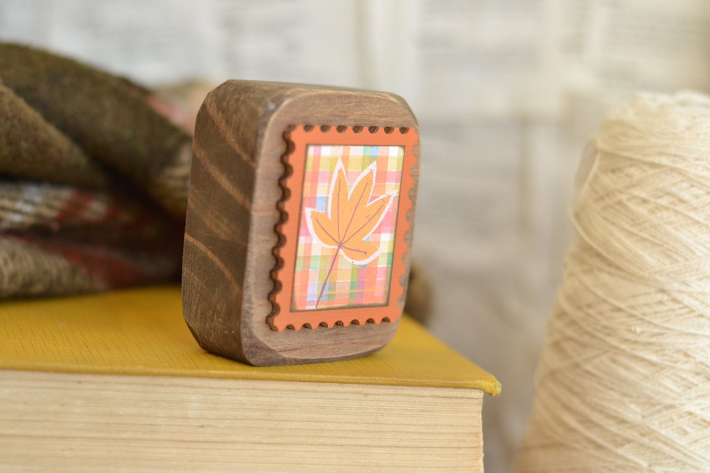 ORANGE Rustic Wood Block Postage Stamp Sign - Plaid Leaf