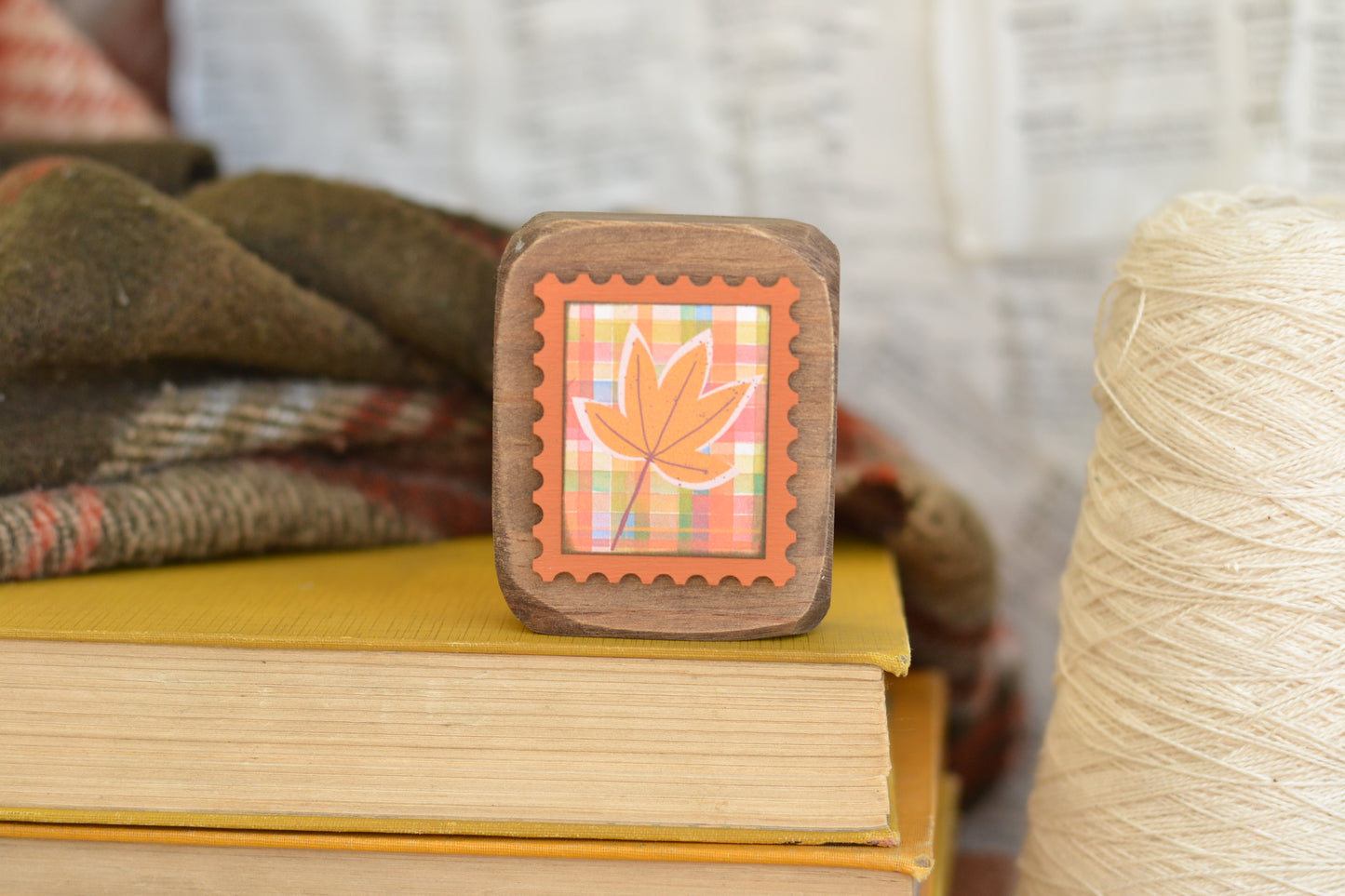 ORANGE Rustic Wood Block Postage Stamp Sign - Plaid Leaf