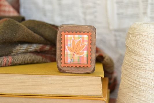 ORANGE Rustic Wood Block Postage Stamp Sign - Plaid Leaf