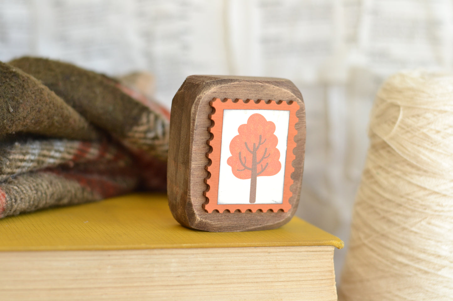 Rustic Wood Block Postage Stamp Sign - Orange Tree