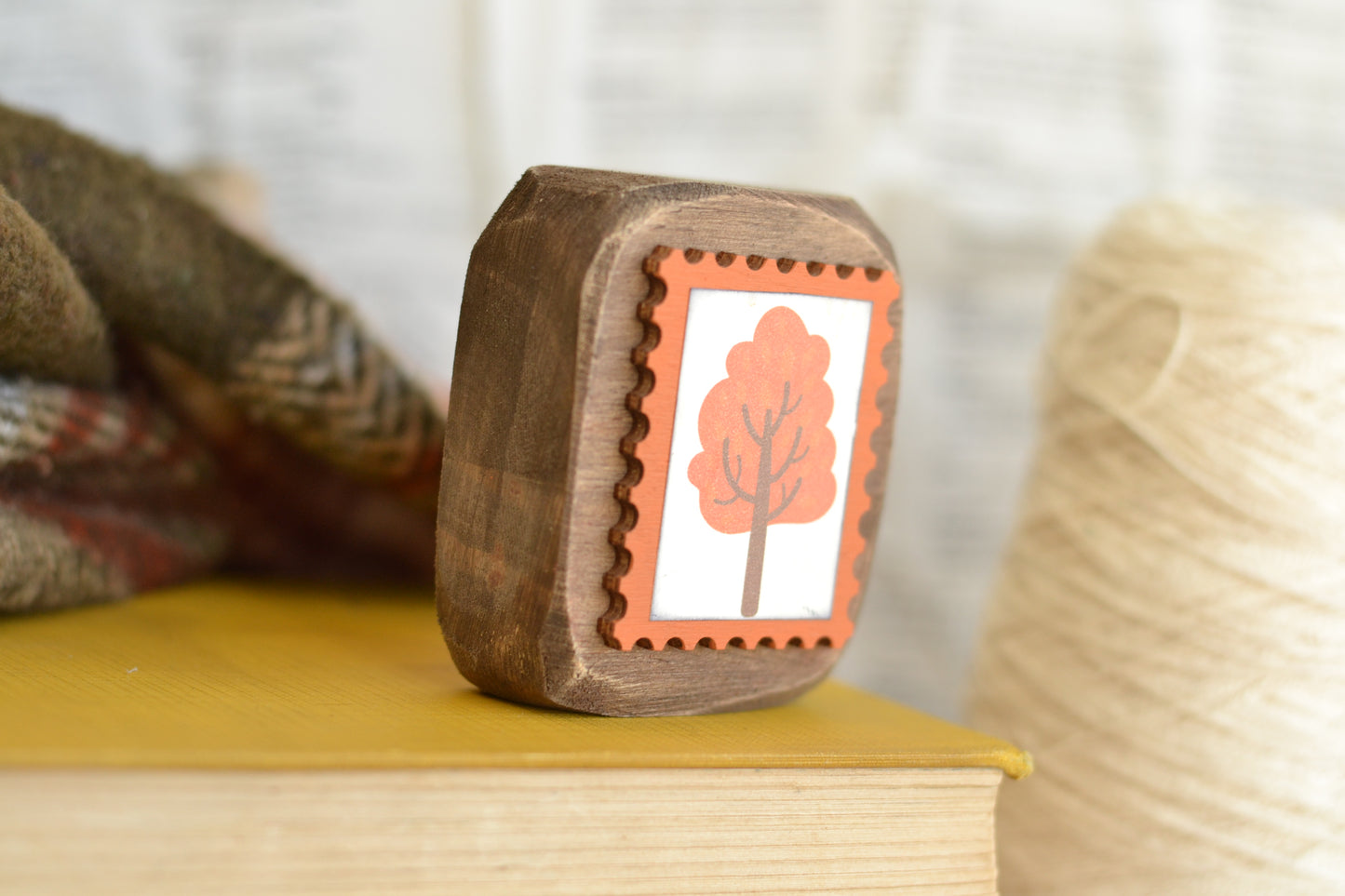 Rustic Wood Block Postage Stamp Sign - Orange Tree