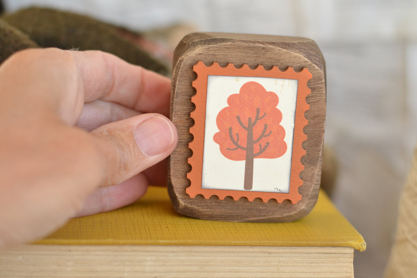Rustic Wood Block Postage Stamp Sign - Orange Tree
