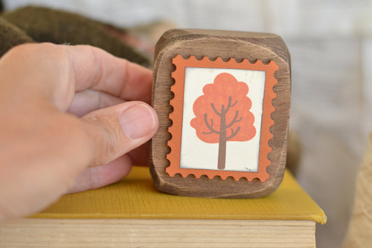 Rustic Wood Block Postage Stamp Sign - Orange Tree