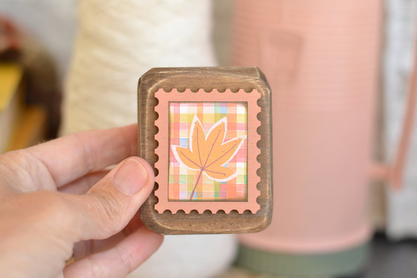 PINK Rustic Wood Block Postage Stamp Sign - Plaid Leaf