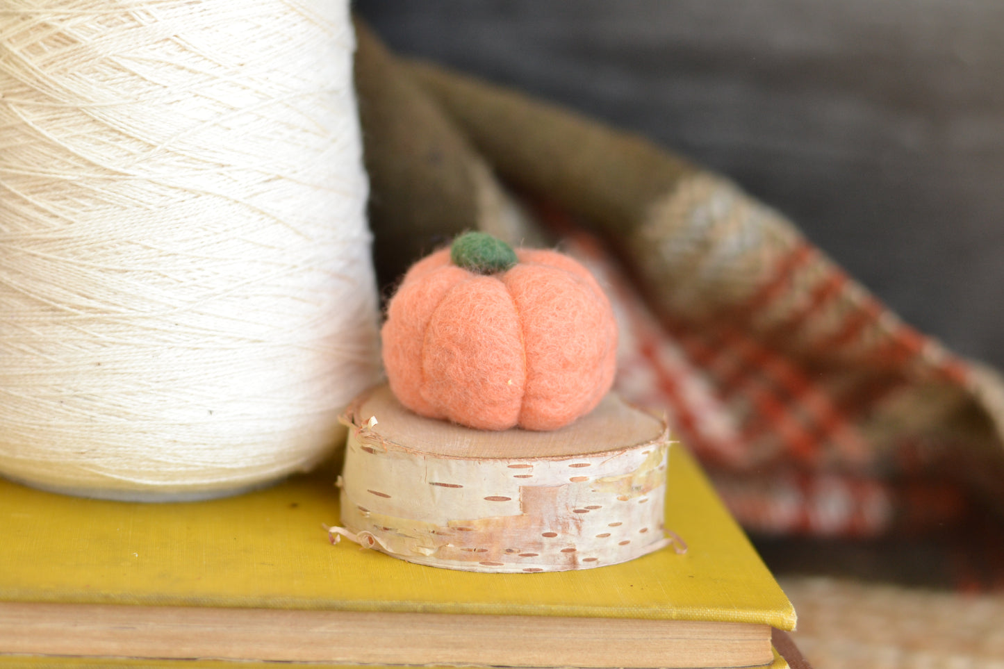 Blush Felt Pumpkin on Log Slice