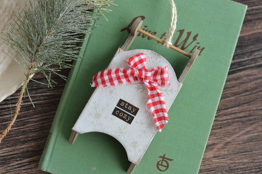 RED GINGHAM BOW Sled Ornament