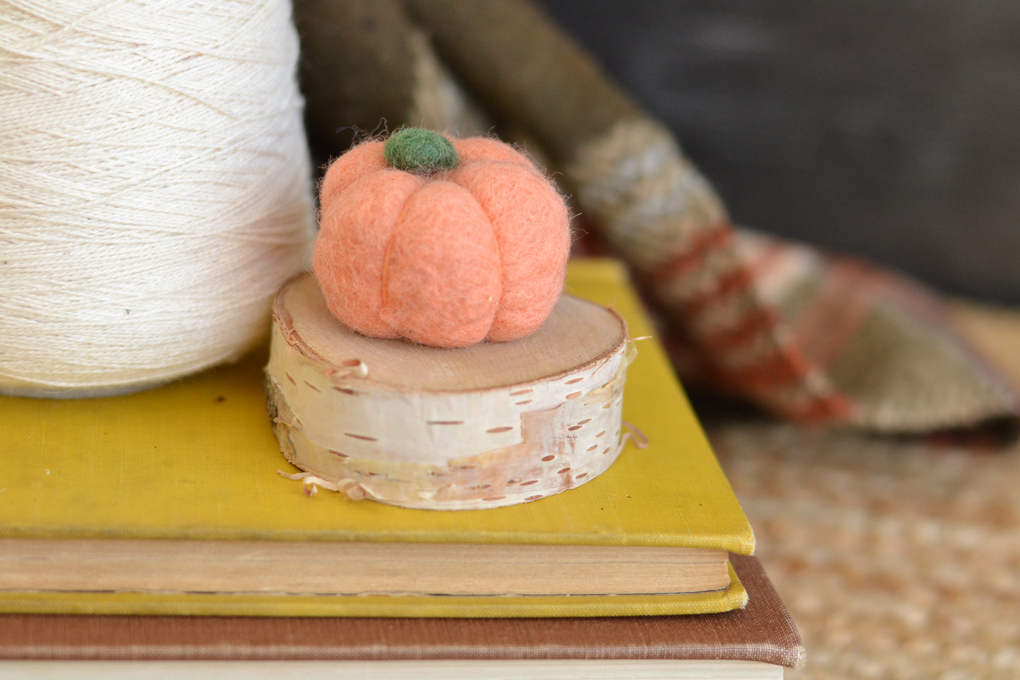 Blush Felt Pumpkin on Log Slice