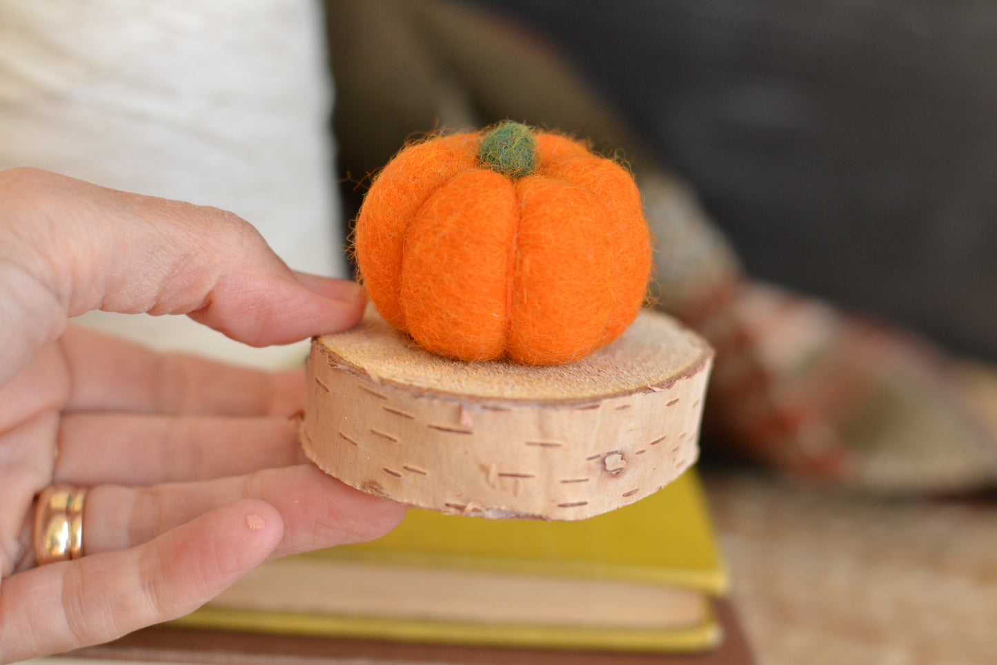 Orange Felt Pumpkin on Log Slice