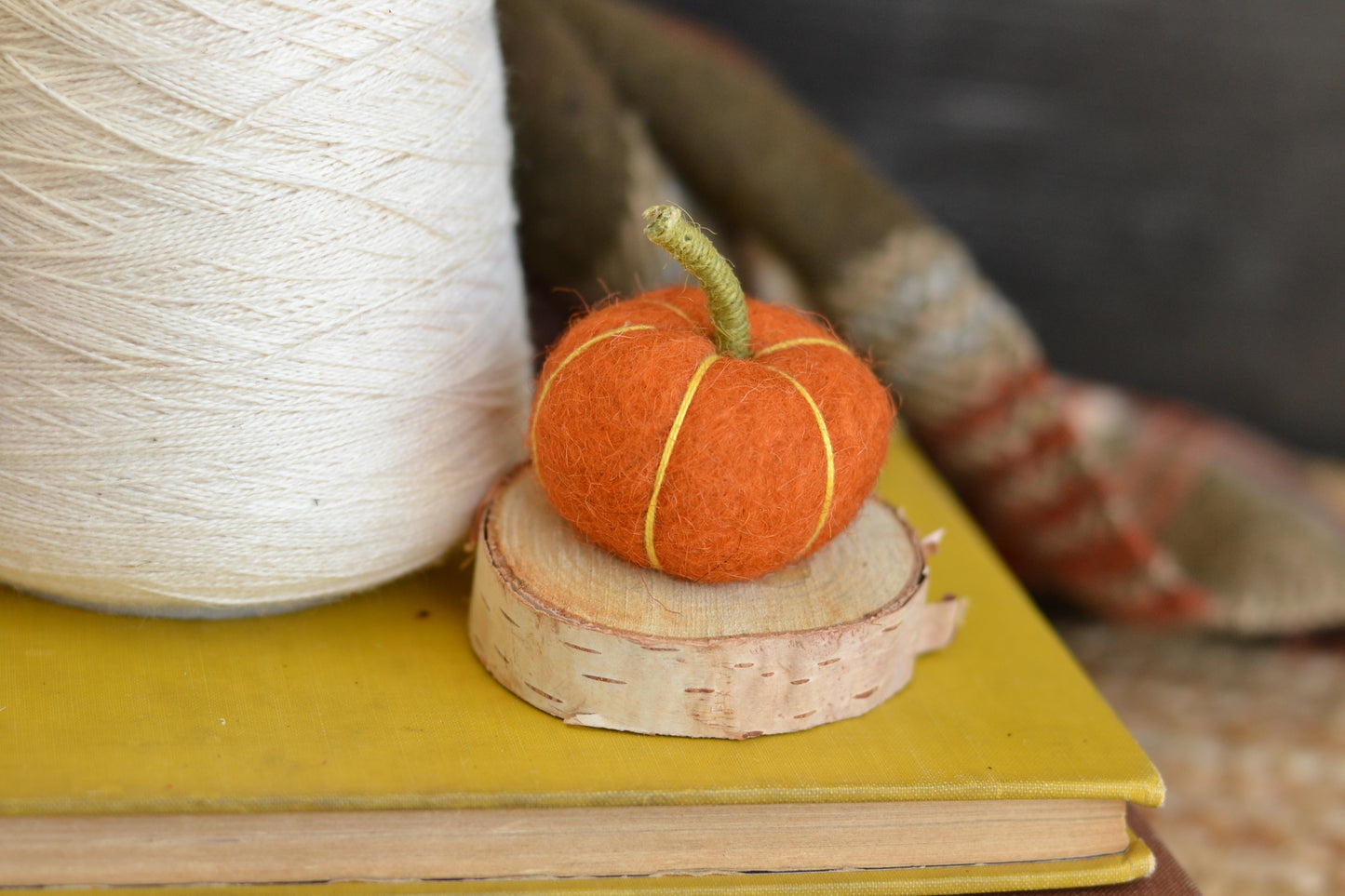 Dark Orange Felt Pumpkin on Log Slice