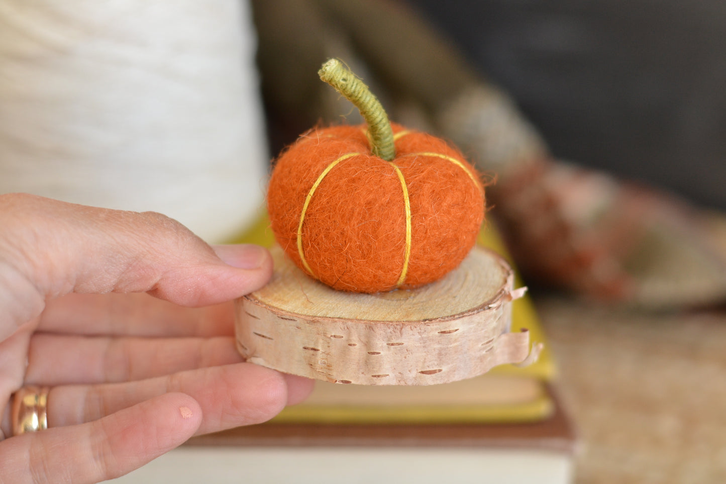 Dark Orange Felt Pumpkin on Log Slice