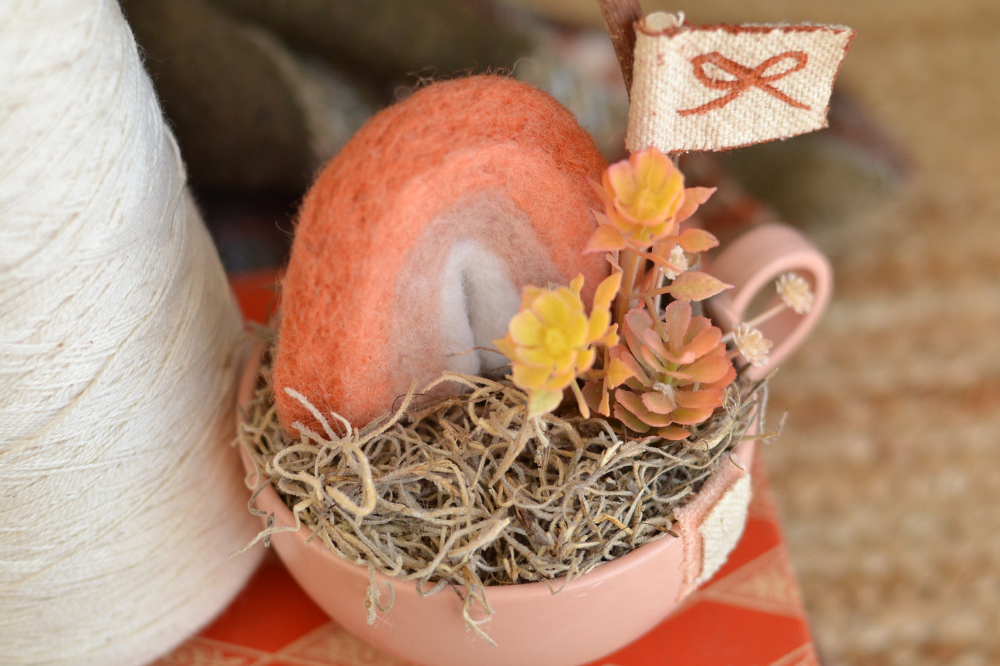 Large Autumn Pink Mug with Felt Rainbow