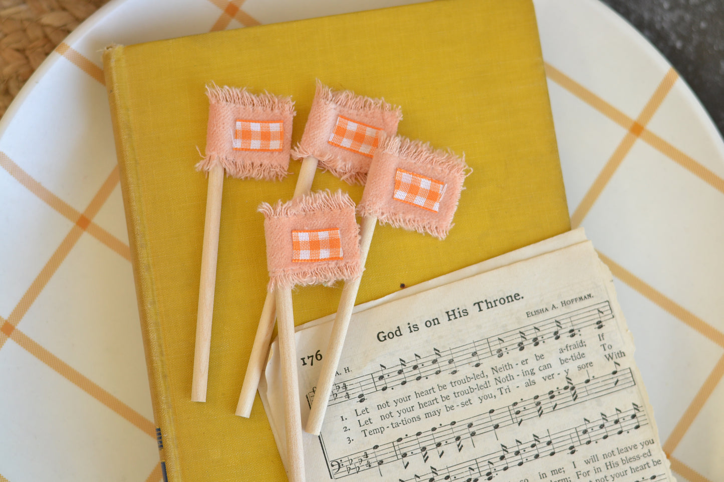 Mini Flag Set of FOUR - Blush Velvet with Gingham Ribbon
