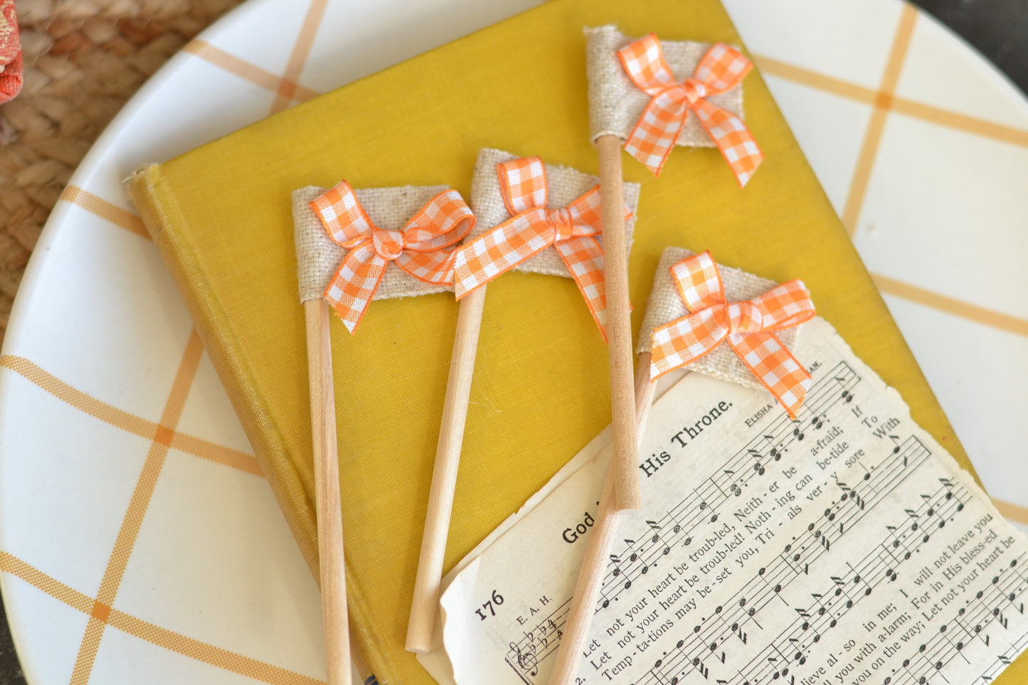 Mini Flag Set of FOUR - orange gingham bow set