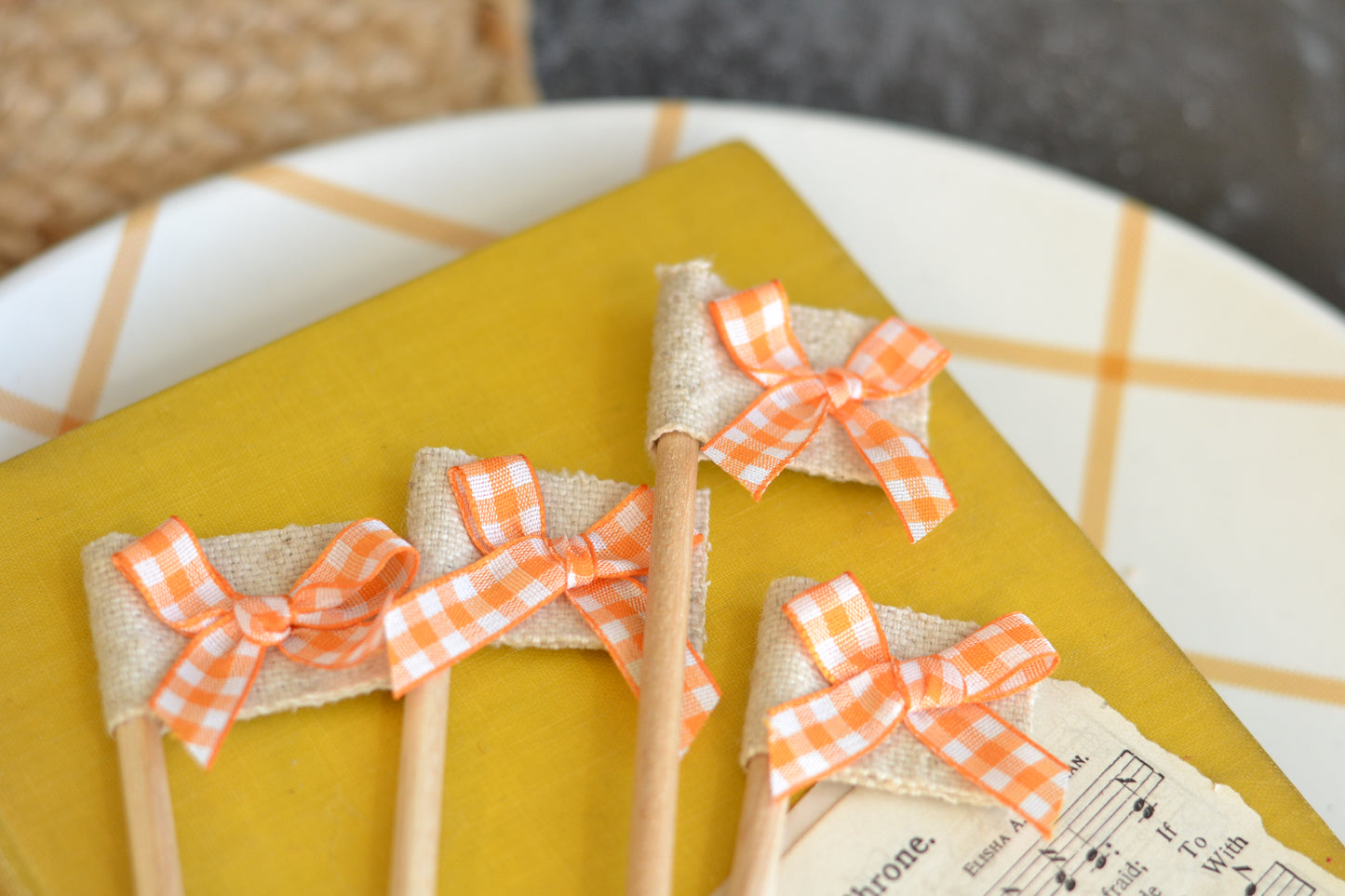 Mini Flag Set of FOUR - orange gingham bow set
