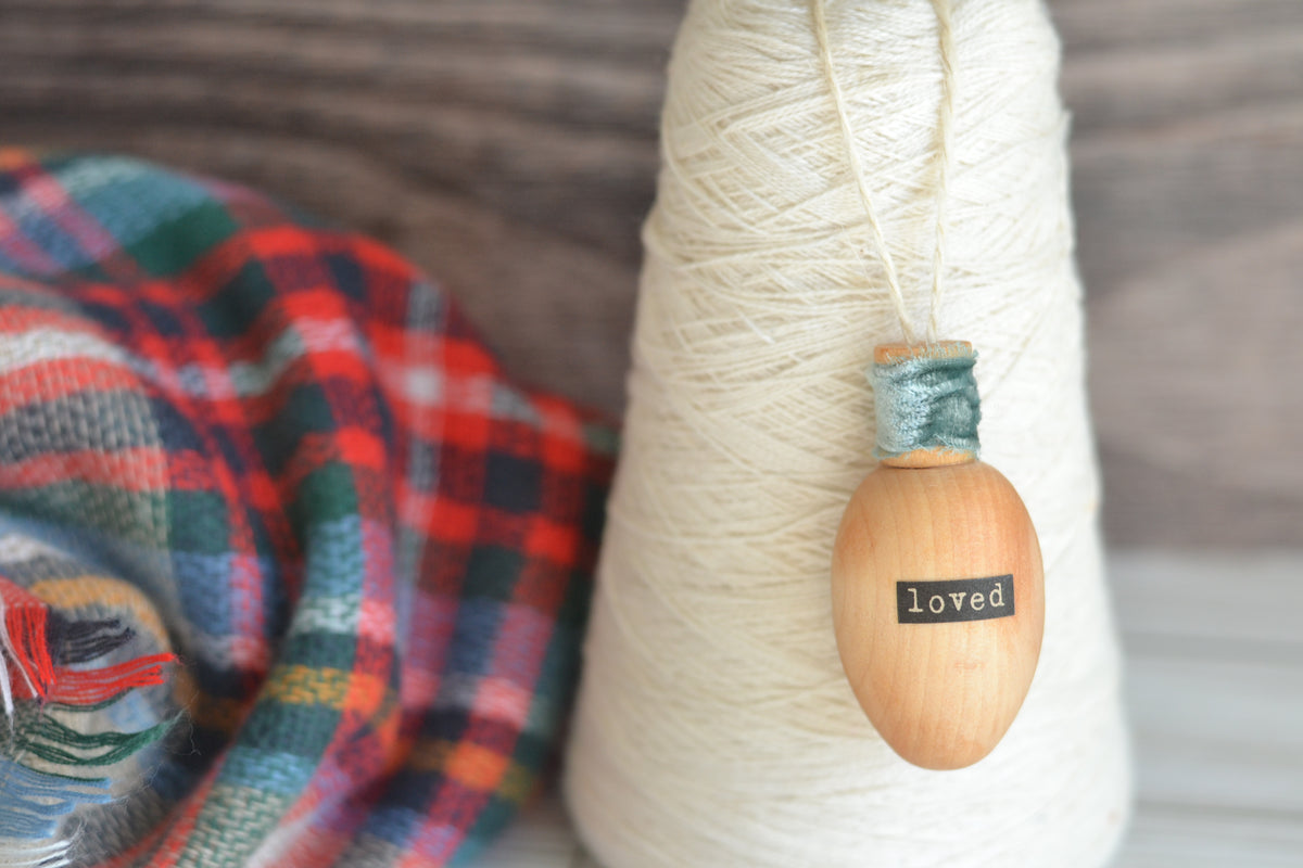 Wood Bulb LOVED Ornament (with velvet)