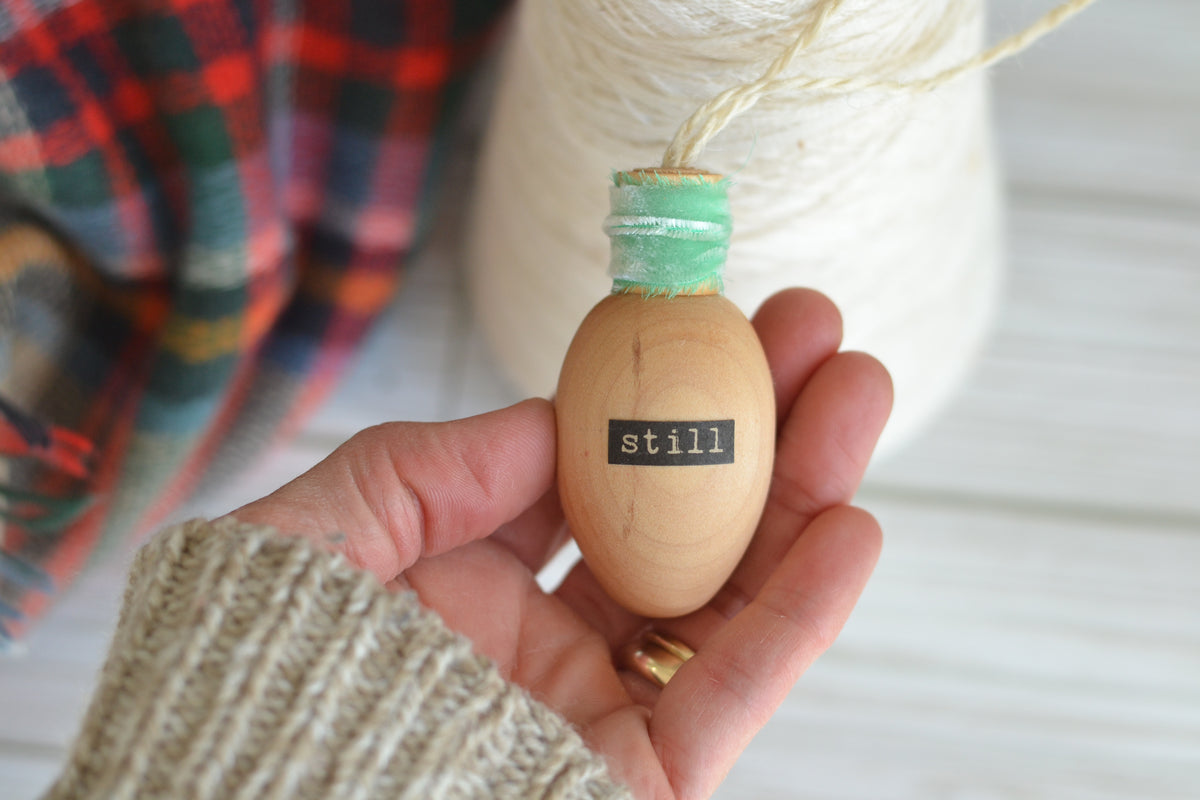 Wood Bulb STILL Ornament (with mint velvet)
