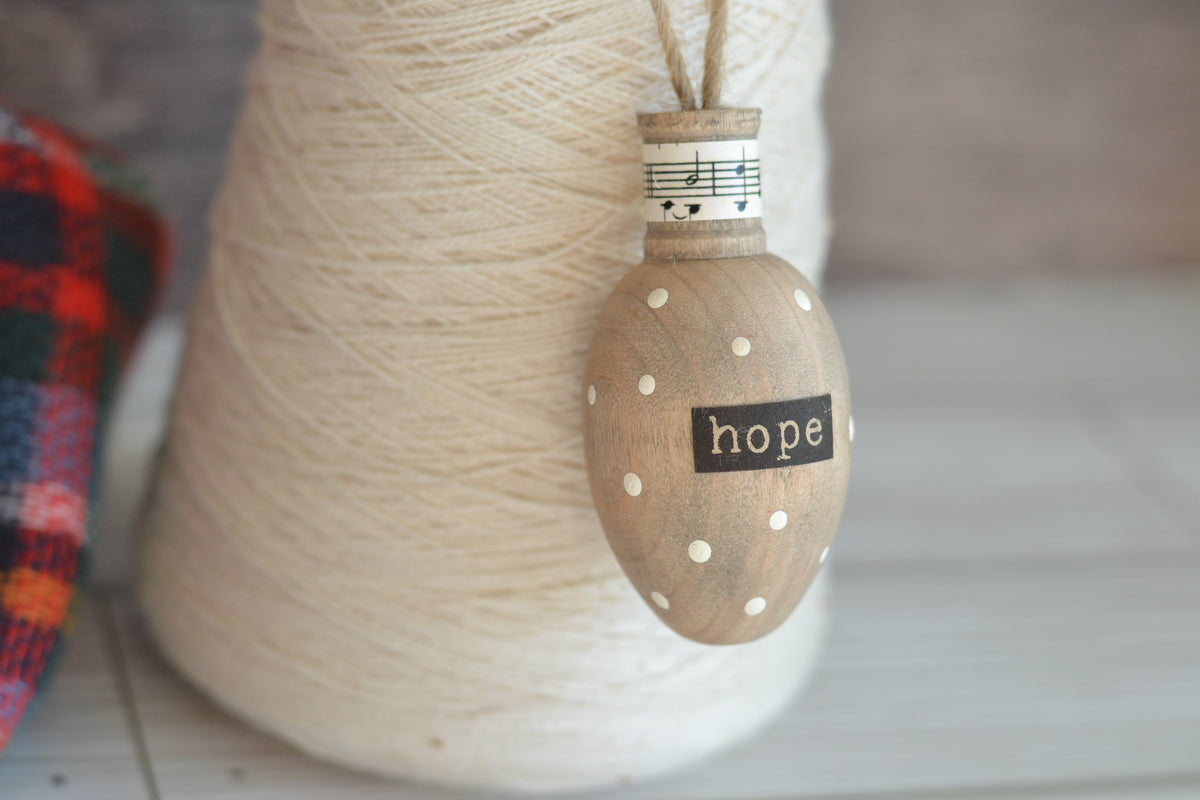 Wood Bulb HOPE Ornament (with polka dots and music)