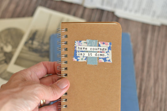 Kraft Brown Notebook with fabric scraps and words