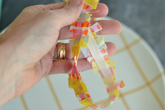 YELLOW, ORANGE PINK Scrap Fabric Ribbon - 1 Yard